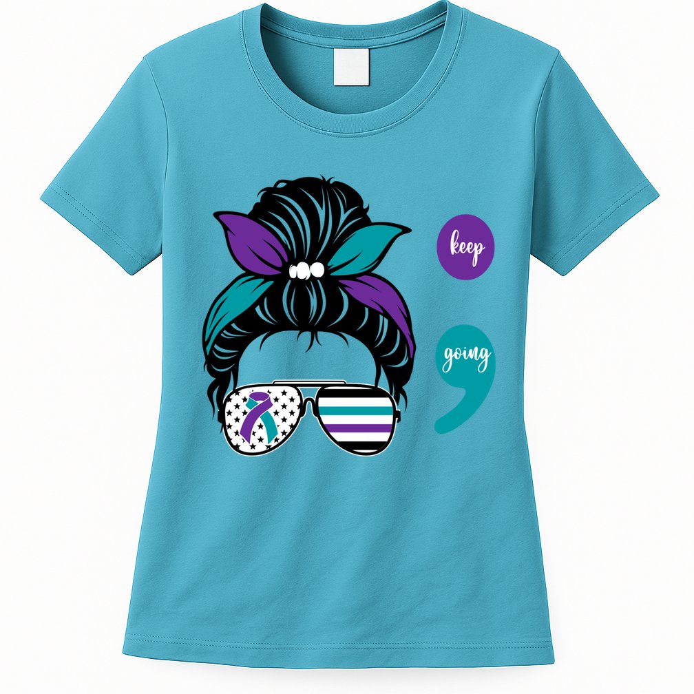 Suicide Prevention Awareness Semicolon Keep Going Messy Bun Gift Womens T-Shirt