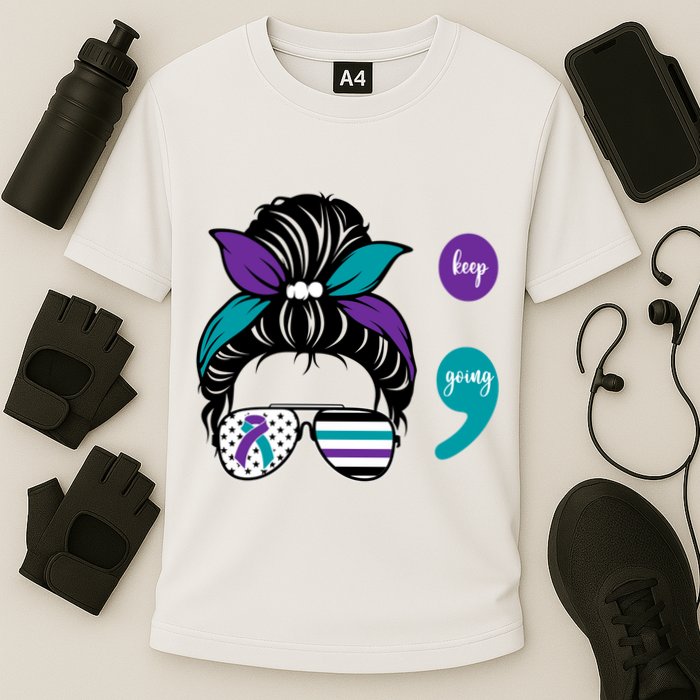 Suicide Prevention Awareness Semicolon Keep Going Messy Bun Gift Cooling Performance Crew T-Shirt