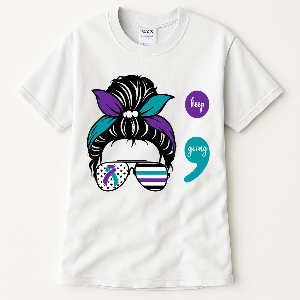 Suicide Prevention Awareness Semicolon Keep Going Messy Bun Gift Tall T-Shirt
