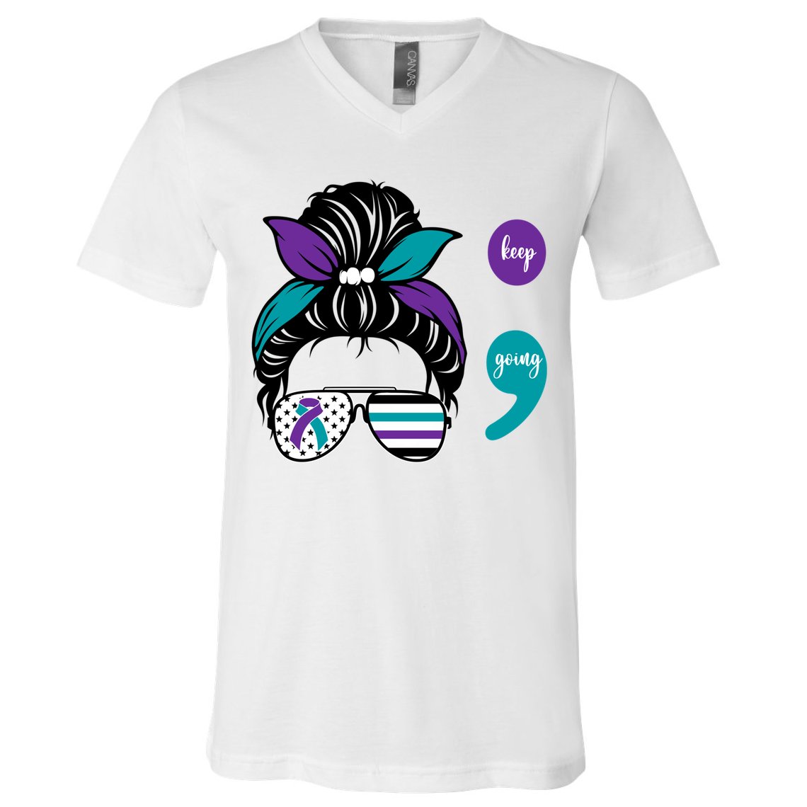 Suicide Prevention Awareness Semicolon Keep Going Messy Bun Gift V-Neck T-Shirt