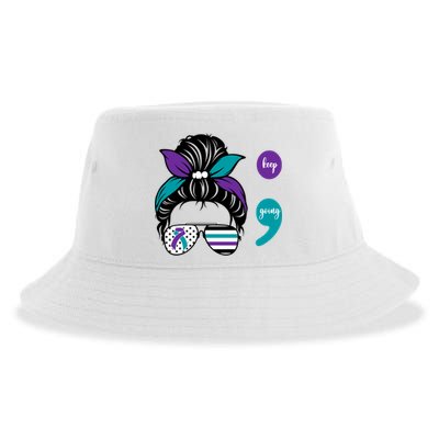 Suicide Prevention Awareness Semicolon Keep Going Messy Bun Gift Sustainable Bucket Hat