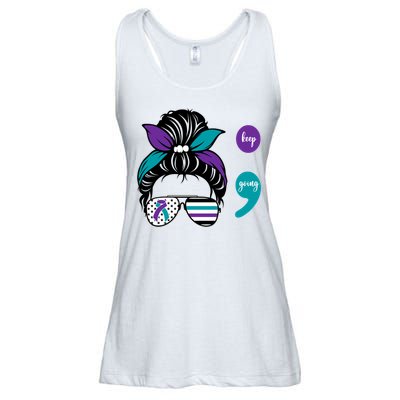Suicide Prevention Awareness Semicolon Keep Going Messy Bun Gift Ladies Essential Flowy Tank