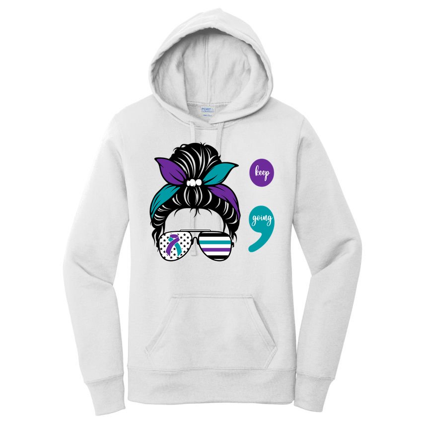 Suicide Prevention Awareness Semicolon Keep Going Messy Bun Gift Women's Pullover Hoodie