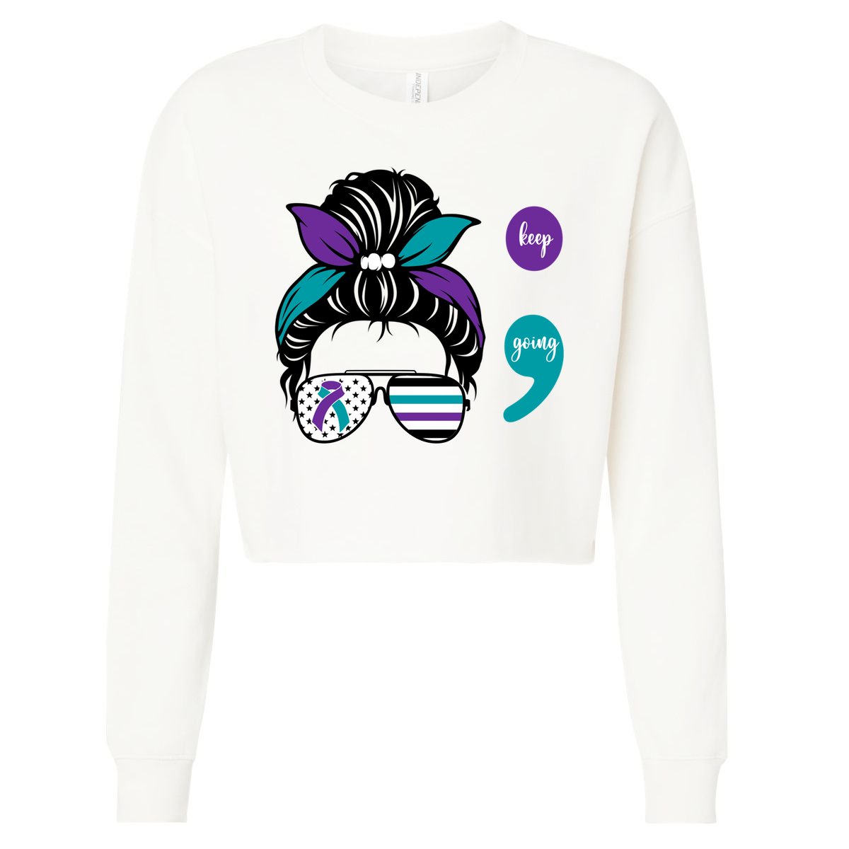 Suicide Prevention Awareness Semicolon Keep Going Messy Bun Gift Cropped Pullover Crew
