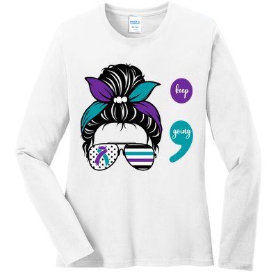 Suicide Prevention Awareness Semicolon Keep Going Messy Bun Gift Ladies Long Sleeve Shirt