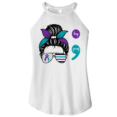 Suicide Prevention Awareness Semicolon Keep Going Messy Bun Gift Women's Perfect Tri Rocker Tank