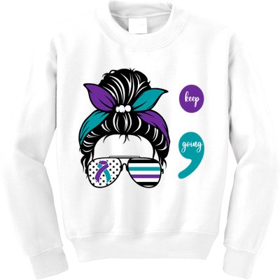 Suicide Prevention Awareness Semicolon Keep Going Messy Bun Gift Kids Sweatshirt