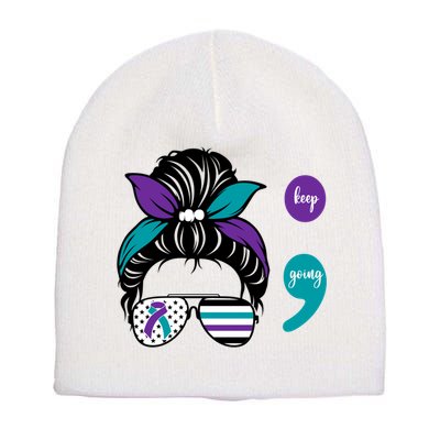 Suicide Prevention Awareness Semicolon Keep Going Messy Bun Gift Short Acrylic Beanie