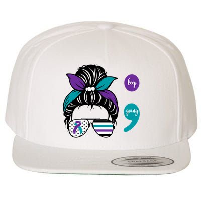 Suicide Prevention Awareness Semicolon Keep Going Messy Bun Gift Wool Snapback Cap