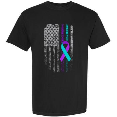 Suicide Prevention Awareness American Flag Ribbon Support Garment-Dyed Heavyweight T-Shirt