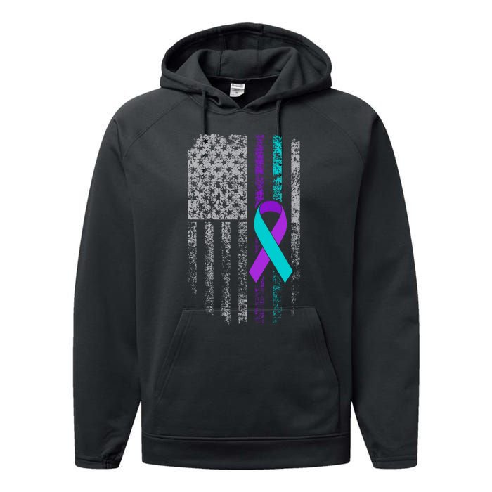 Suicide Prevention Awareness American Flag Ribbon Support Performance Fleece Hoodie