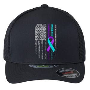 Suicide Prevention Awareness American Flag Ribbon Support Flexfit Unipanel Trucker Cap