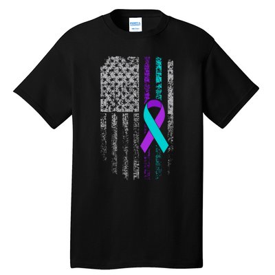 Suicide Prevention Awareness American Flag Ribbon Support Tall T-Shirt