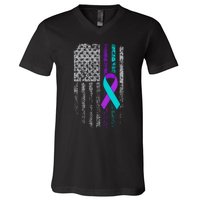 Suicide Prevention Awareness American Flag Ribbon Support V-Neck T-Shirt