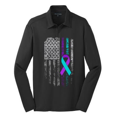 Suicide Prevention Awareness American Flag Ribbon Support Silk Touch Performance Long Sleeve Polo