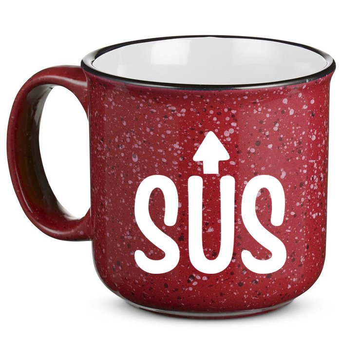 Sus Pointing Arrow Up Gaming Meme Impostor IM Kinda Sus 15oz Campfire Ceramic Mug