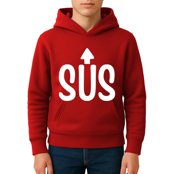Sus Pointing Arrow Up Gaming Meme Impostor IM Kinda Sus Kids Hoodie