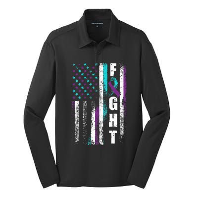 Suicide Prevention Awareness American Flag Distress Silk Touch Performance Long Sleeve Polo