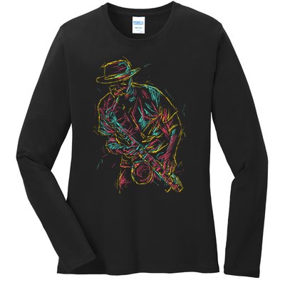 Saxophone Player Abstract Art Ladies Long Sleeve Shirt