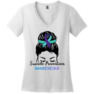 Suicide Prevention Awareness Hair Bun Ribbon Women's V-Neck T-Shirt