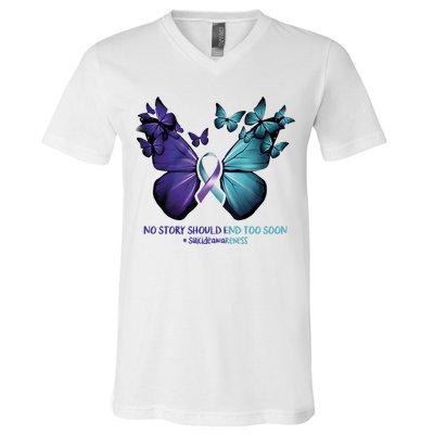 Suicide Prevention Awareness Butterfly No Story Should End Too Soon V-Neck T-Shirt