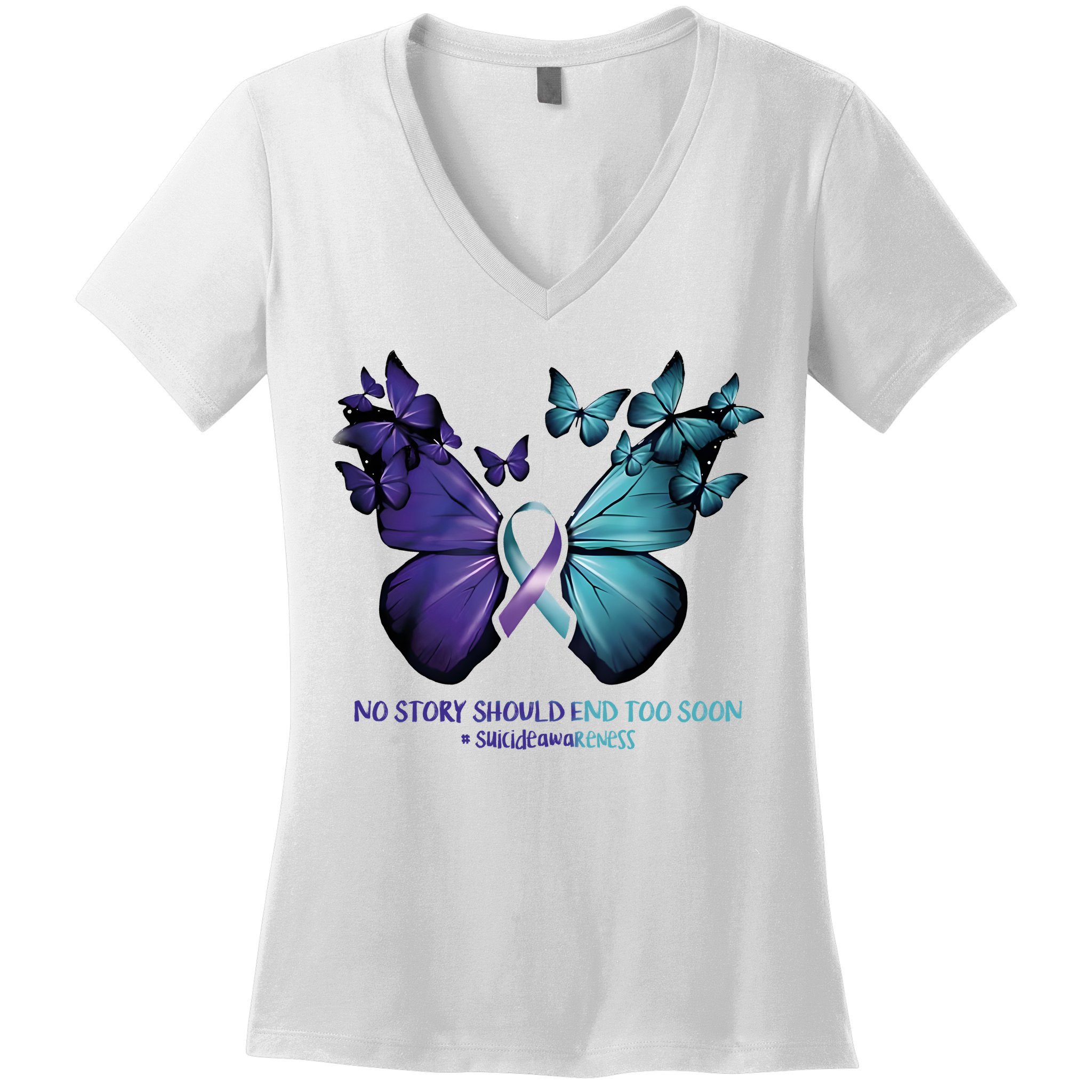 Suicide Prevention Awareness Butterfly No Story Should End Too Soon Women's V-Neck T-Shirt