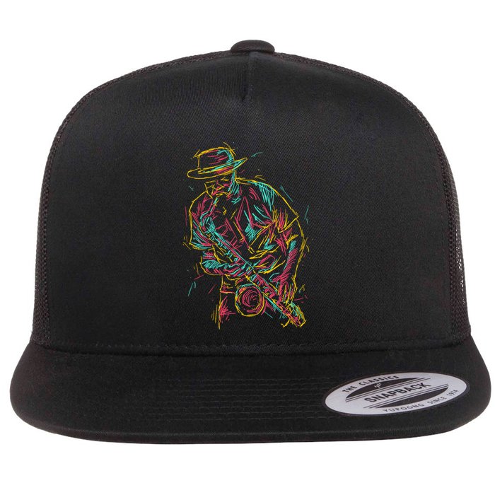 Saxophone Player Abstract Art Flat Bill Trucker Hat