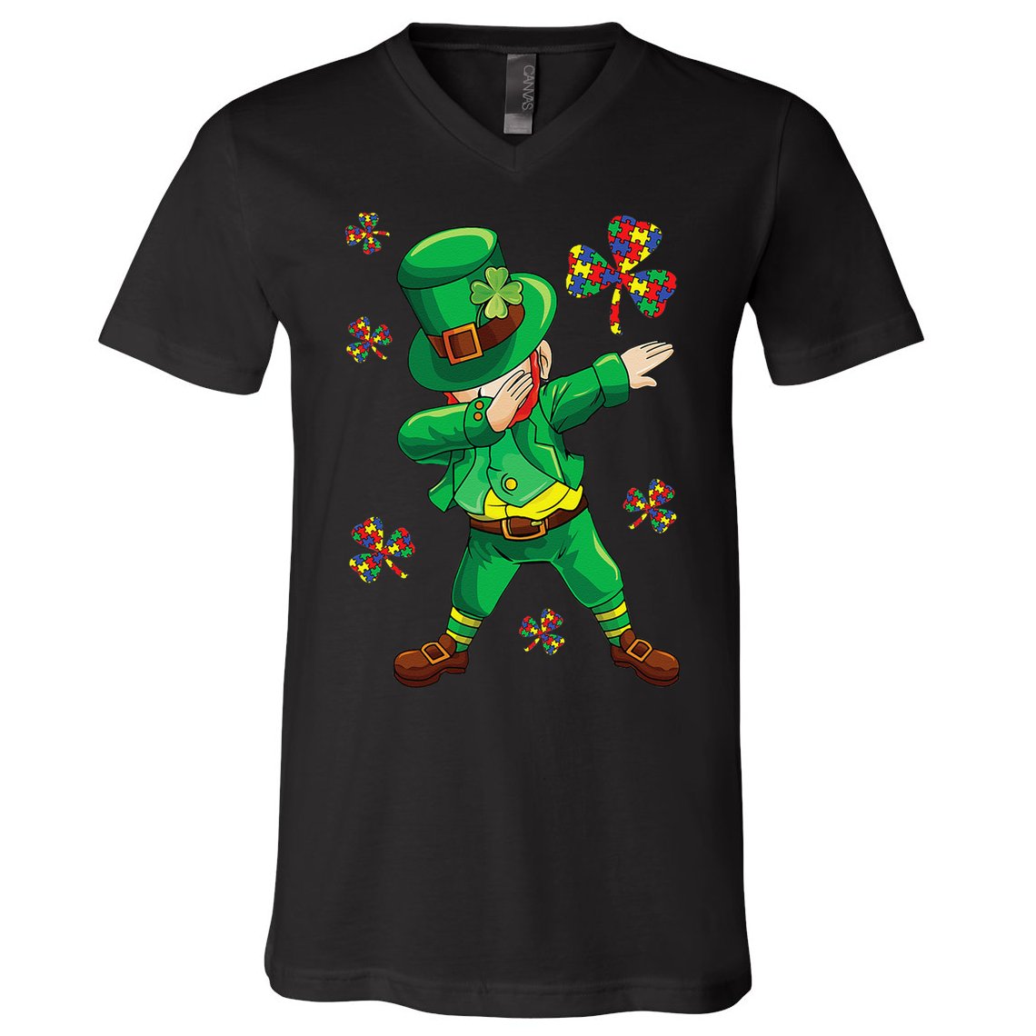 St Patrick's Autism Awareness Puzzle Ribbon Leprechaun IEP V-Neck T-Shirt