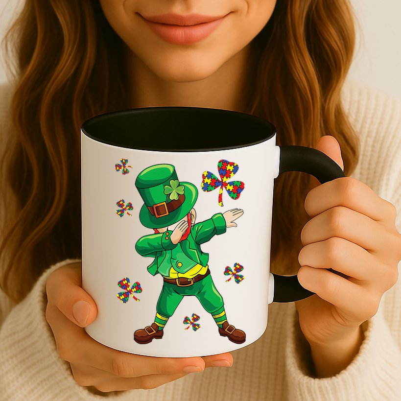 St Patrick's Autism Awareness Puzzle Ribbon Leprechaun IEP Mug
