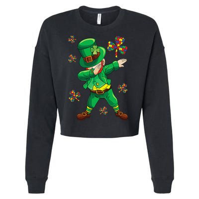St Patrick's Autism Awareness Puzzle Ribbon Leprechaun IEP Cropped Pullover Crew