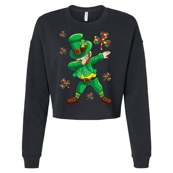 St Patrick's Autism Awareness Puzzle Ribbon Leprechaun IEP Cropped Pullover Crew