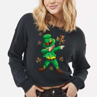 St Patrick's Autism Awareness Puzzle Ribbon Leprechaun IEP Cropped Pullover Crew