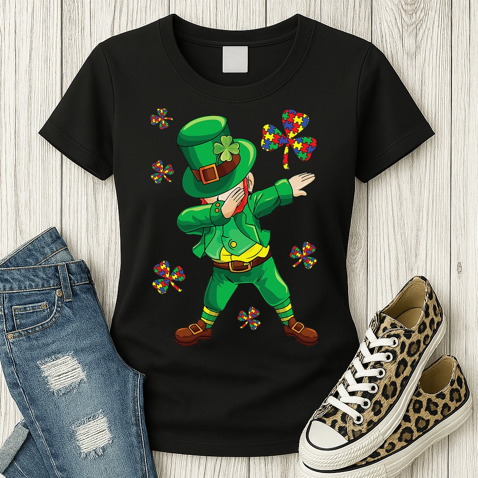 St Patrick's Autism Awareness Puzzle Ribbon Leprechaun IEP Womens T-Shirt