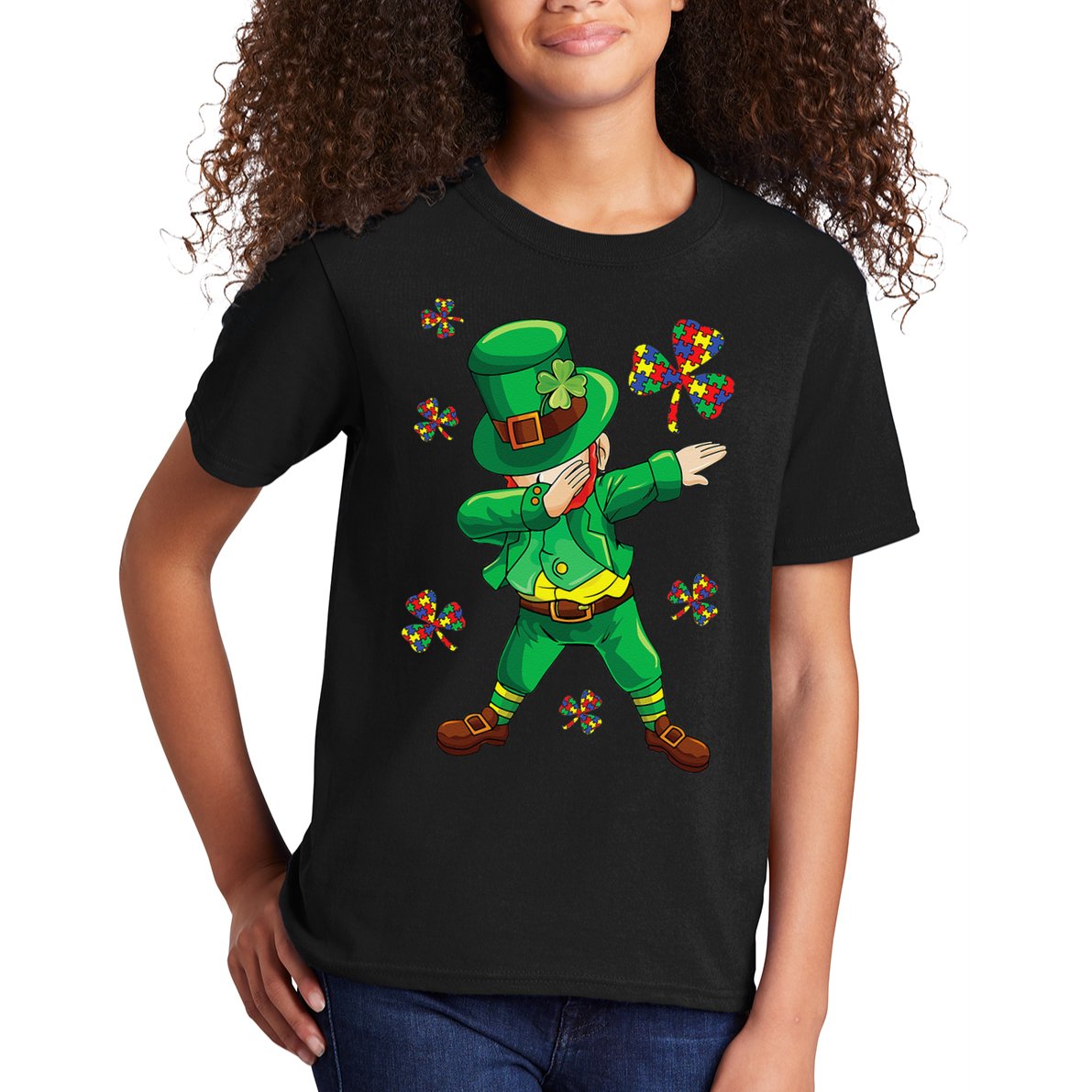 St Patrick's Autism Awareness Puzzle Ribbon Leprechaun IEP Kids T-Shirt