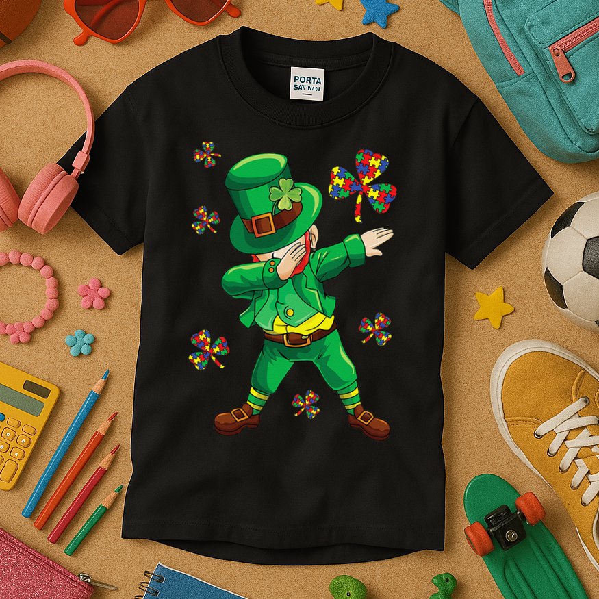 St Patrick's Autism Awareness Puzzle Ribbon Leprechaun IEP Kids T-Shirt