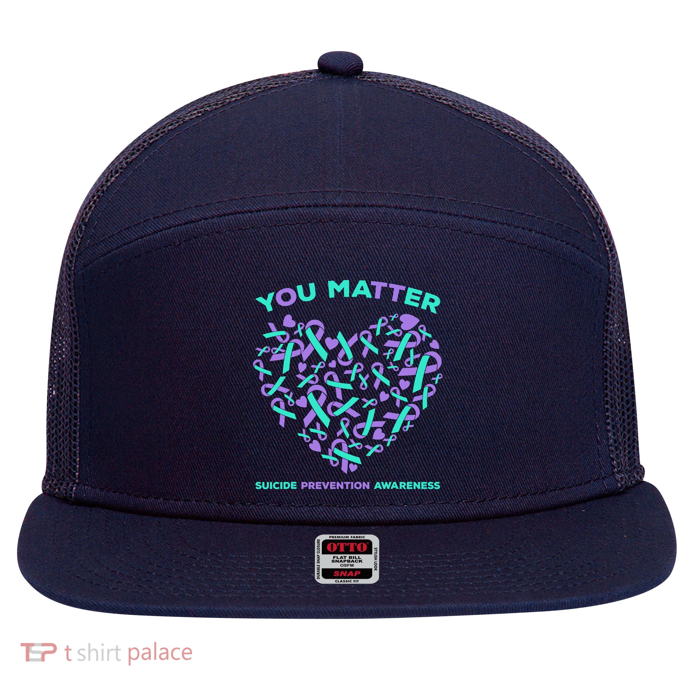 Suicide Prevention Awareness Teal Purple Ribbon You Matter 7 Panel Mesh Trucker Snapback Hat