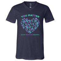 Suicide Prevention Awareness Teal Purple Ribbon You Matter V-Neck T-Shirt