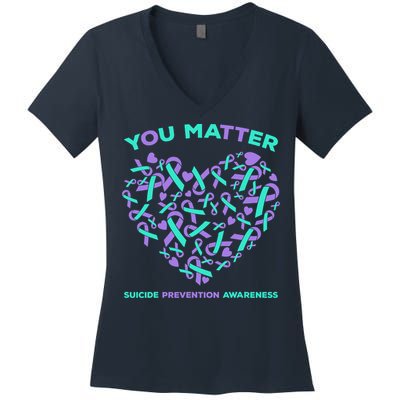 Suicide Prevention Awareness Teal Purple Ribbon You Matter Women's V-Neck T-Shirt