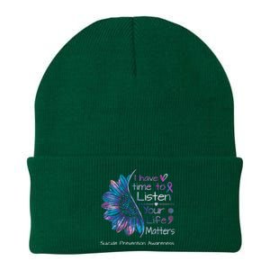 Suicide Prevention Awareness Sunflower Teal & Purple Ribbon Knit Cap Winter Beanie