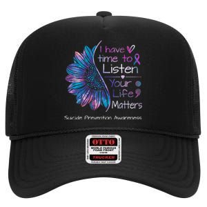 Suicide Prevention Awareness Sunflower Teal & Purple Ribbon High Crown Mesh Back Trucker Hat