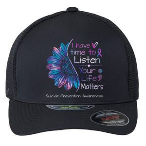 Suicide Prevention Awareness Sunflower Teal & Purple Ribbon Flexfit Unipanel Trucker Cap