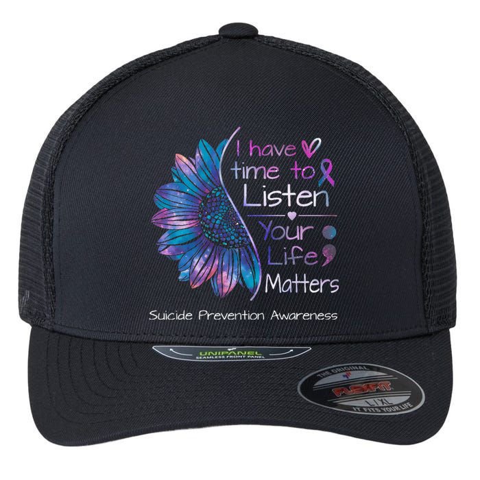 Suicide Prevention Awareness Sunflower Teal & Purple Ribbon Flexfit Unipanel Trucker Cap