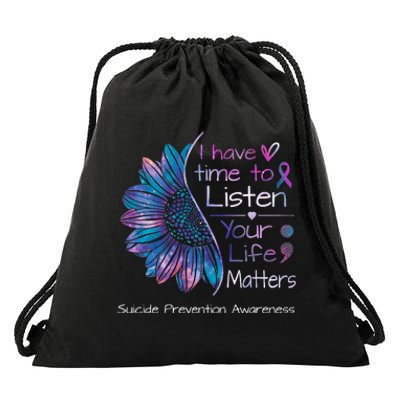 Suicide Prevention Awareness Sunflower Teal & Purple Ribbon Drawstring Bag