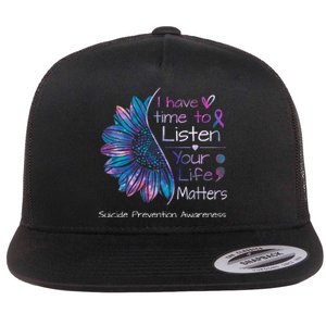 Suicide Prevention Awareness Sunflower Teal & Purple Ribbon Flat Bill Trucker Hat