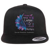 Suicide Prevention Awareness Sunflower Teal & Purple Ribbon Flat Bill Trucker Hat