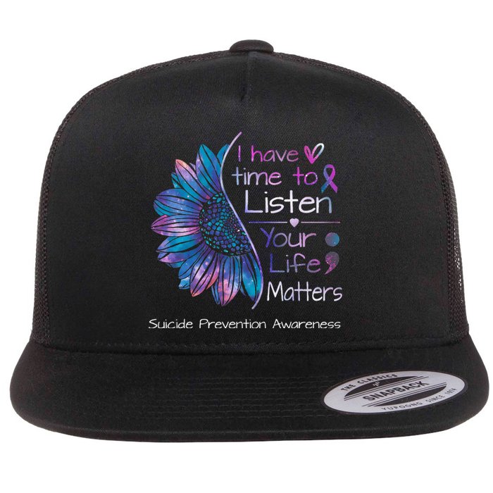 Suicide Prevention Awareness Sunflower Teal & Purple Ribbon Flat Bill Trucker Hat