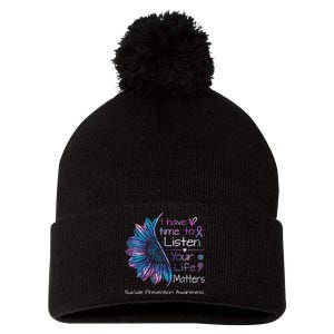 Suicide Prevention Awareness Sunflower Teal & Purple Ribbon Pom Pom 12in Knit Beanie