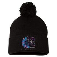 Suicide Prevention Awareness Sunflower Teal & Purple Ribbon Pom Pom 12in Knit Beanie