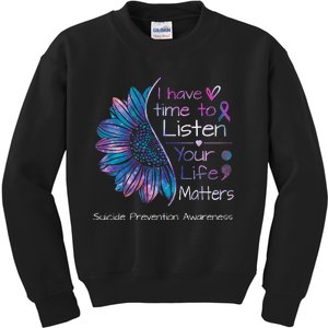 Suicide Prevention Awareness Sunflower Teal & Purple Ribbon Kids Sweatshirt