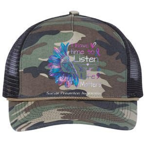 Suicide Prevention Awareness Sunflower Teal & Purple Ribbon Retro Rope Trucker Hat Cap